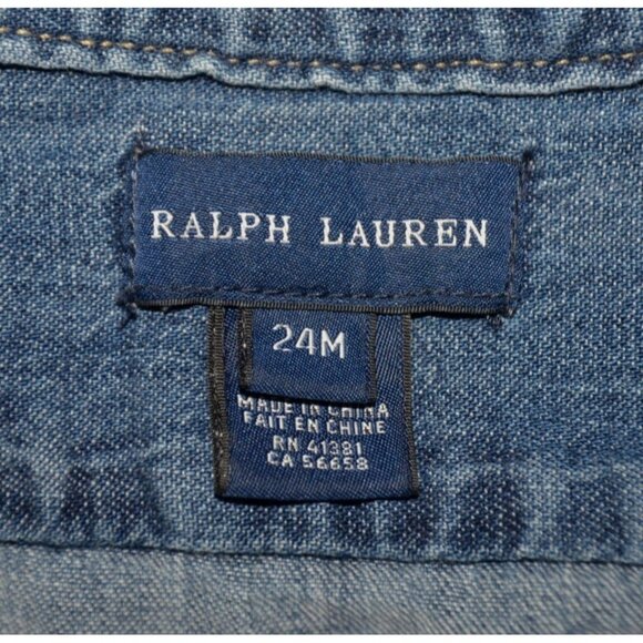 Ralph Lauren Denim Dress Button Up Ruffles Baby 24M Blue Preppy Long Sleeve Pony - Picture 9 of 9